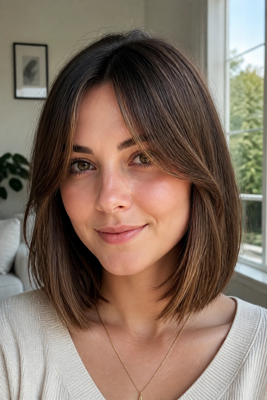 Close-up portrait of a real woman with Curtain Bang Lob and soft center part