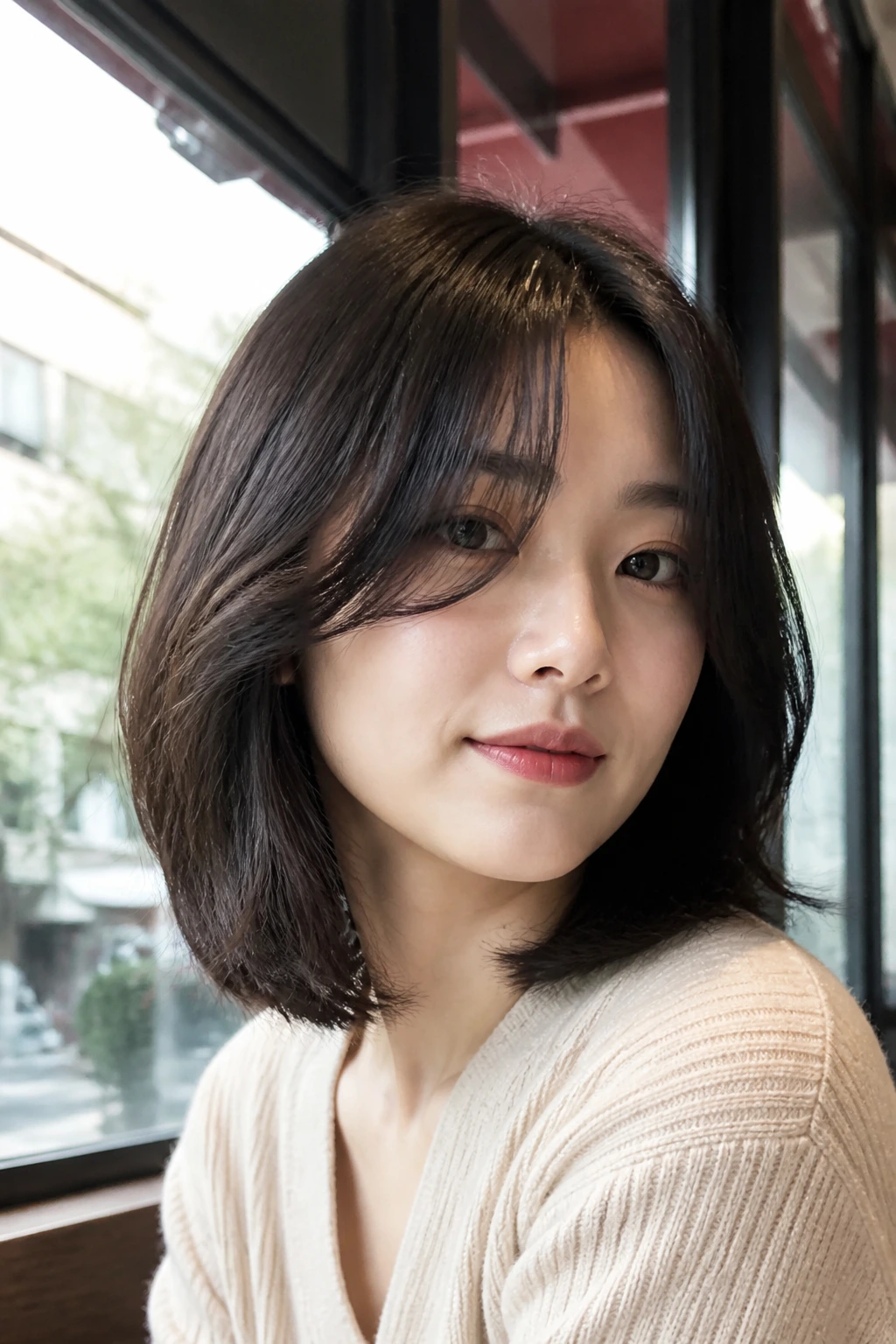 Close-up of a real person with curtain bangs and soft side swoops on a thick lob
