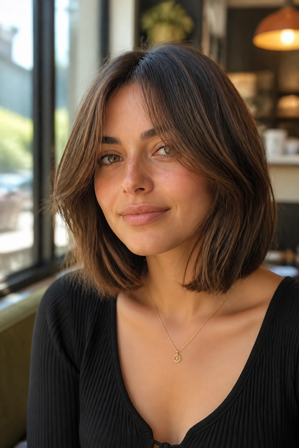 Portrait of a woman with curtain-bang lob in soft daylight at a cafe