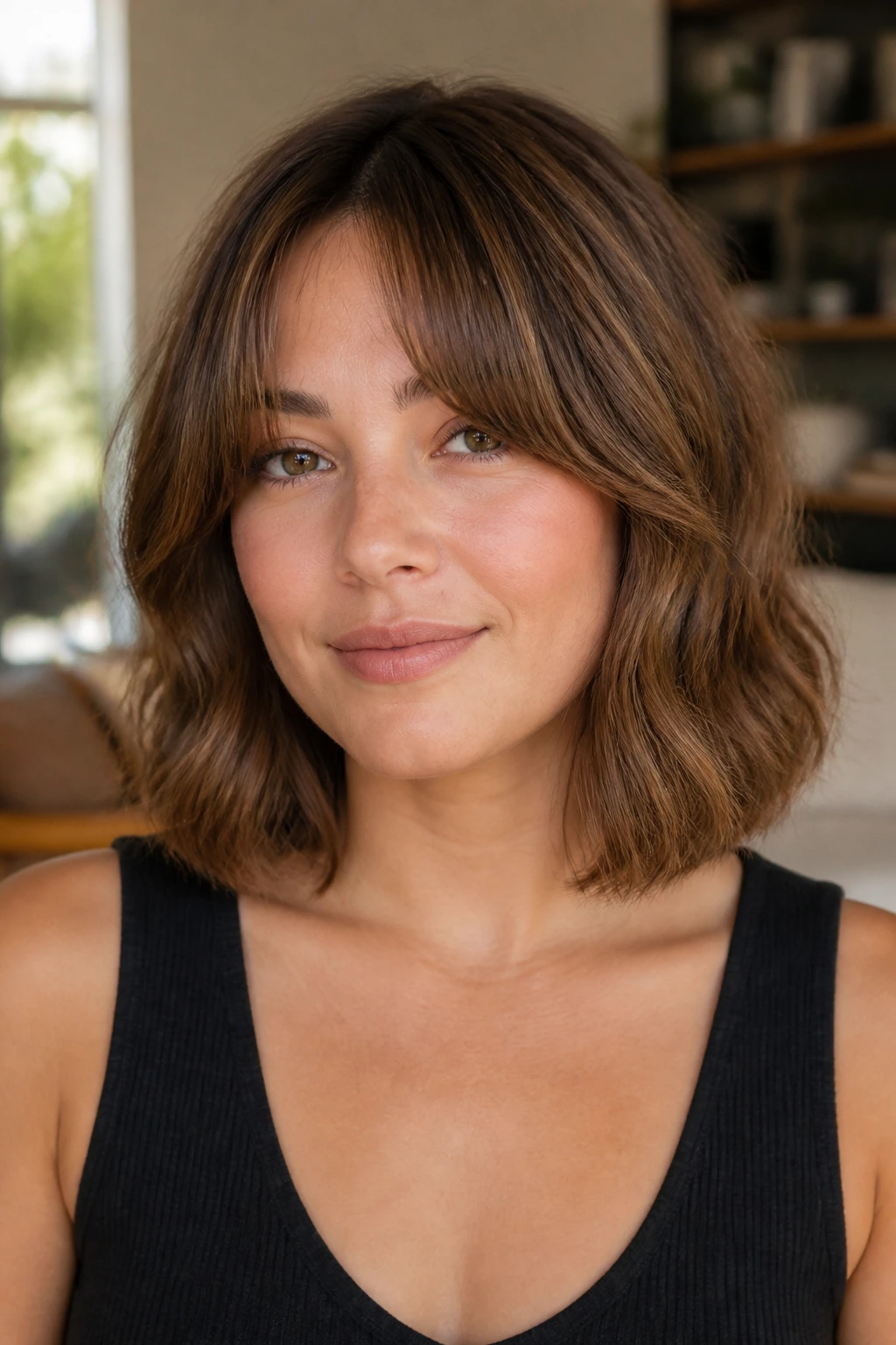 Portrait of woman with curtain-bang lob
