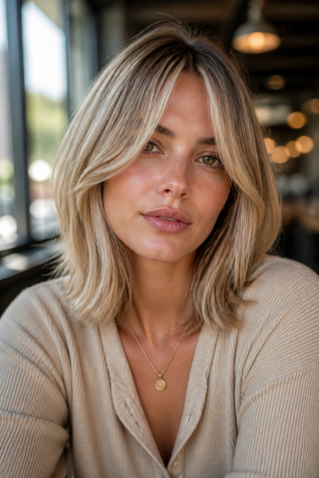 Close-up portrait of a real woman with curtain bangs on a lob and blonde lowlights.