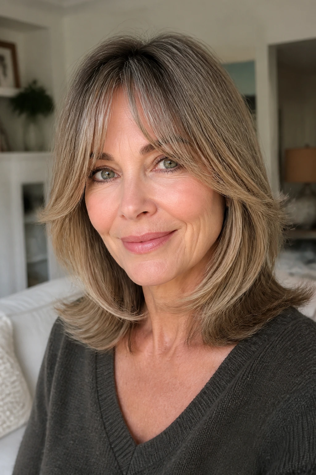 Portrait of a woman with curtain bangs and a lob with airy ends