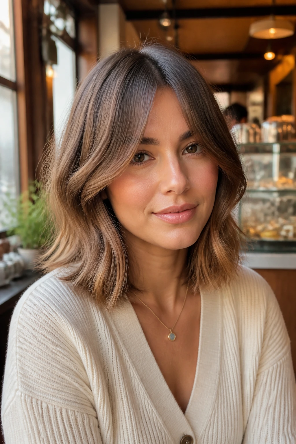 Portrait of a woman with curtain bangs and an airy lob.