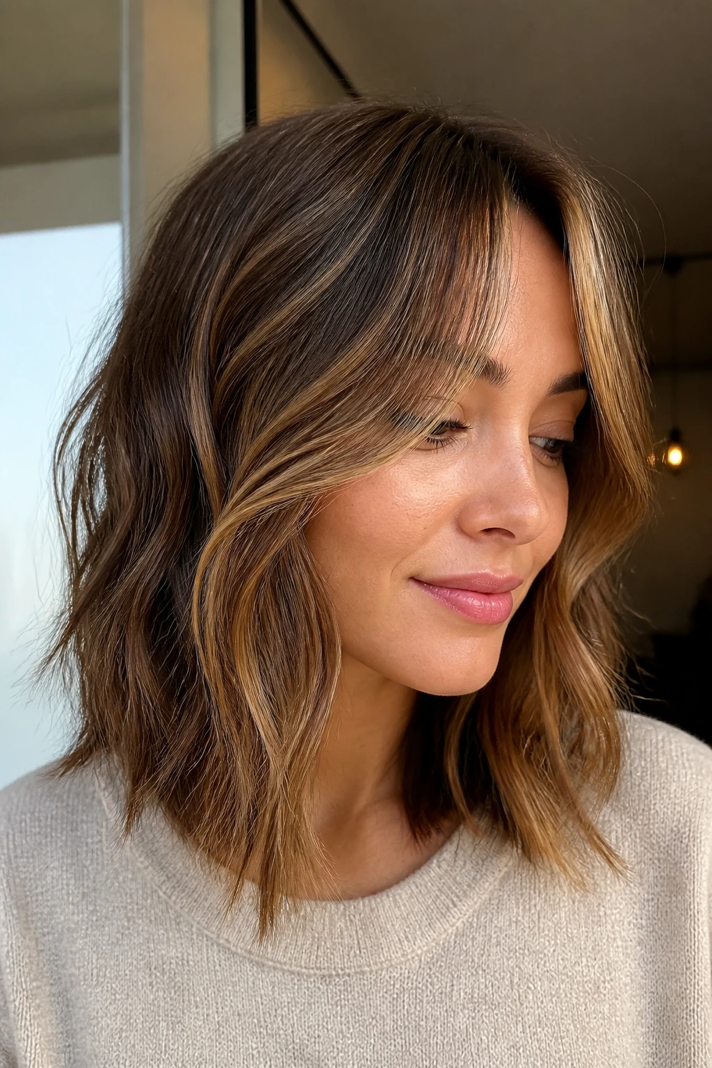 Lob with curtain bangs and caramel face-framing highlights on a real person
