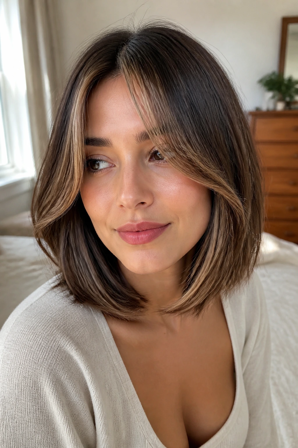 Close-up portrait of a real woman wearing Curtain-Bang Lob with caramel money pieces, soft bangs and a fuller top.