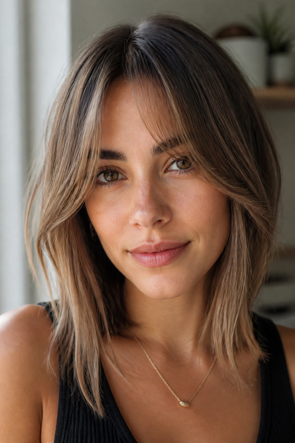 Close-up of a real woman with curtain bangs parted at center blending into a lob