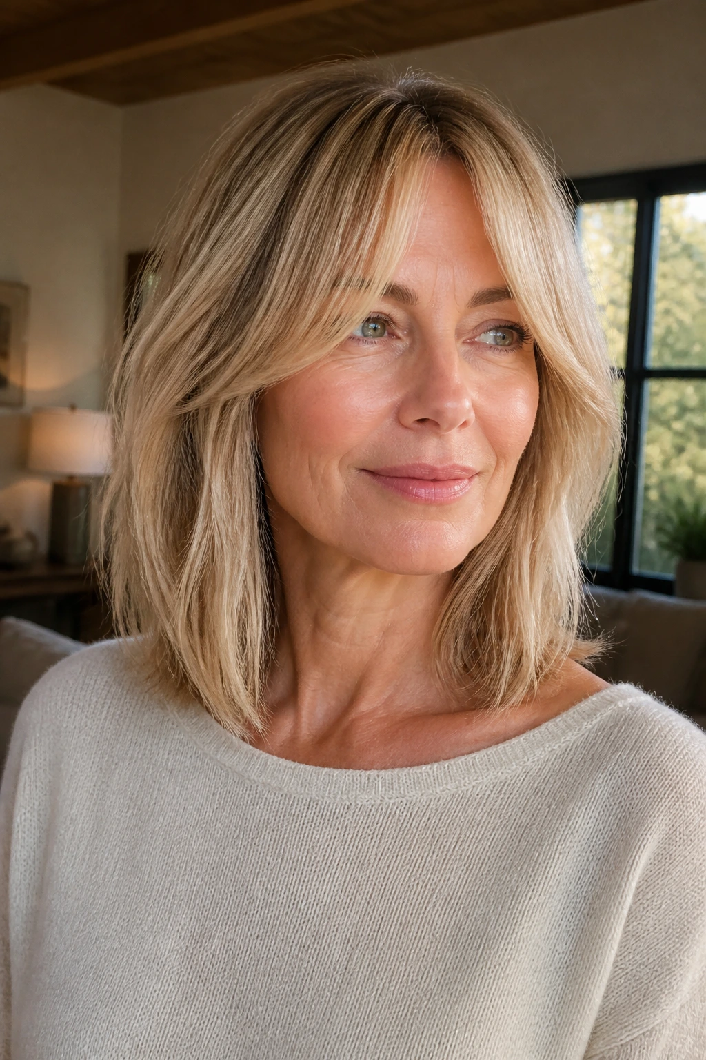 Portrait of a real woman with curtain bangs and a lob, framing the face softly.