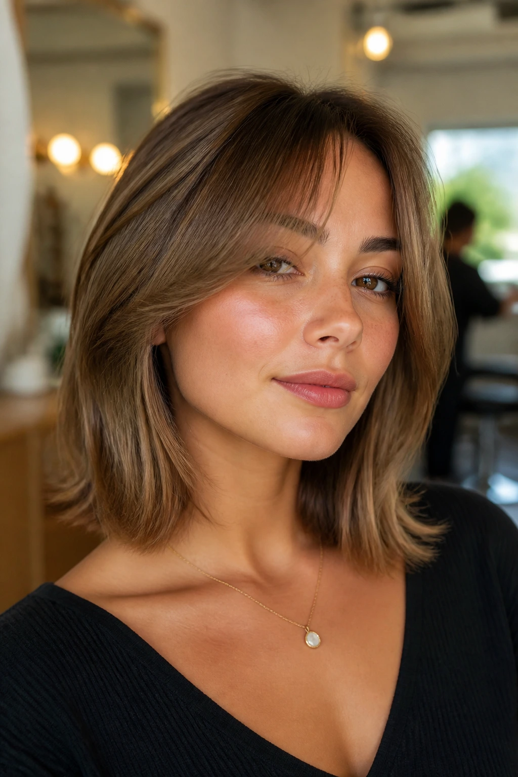 Portrait of woman with curtain bangs lob showing soft curved fringe