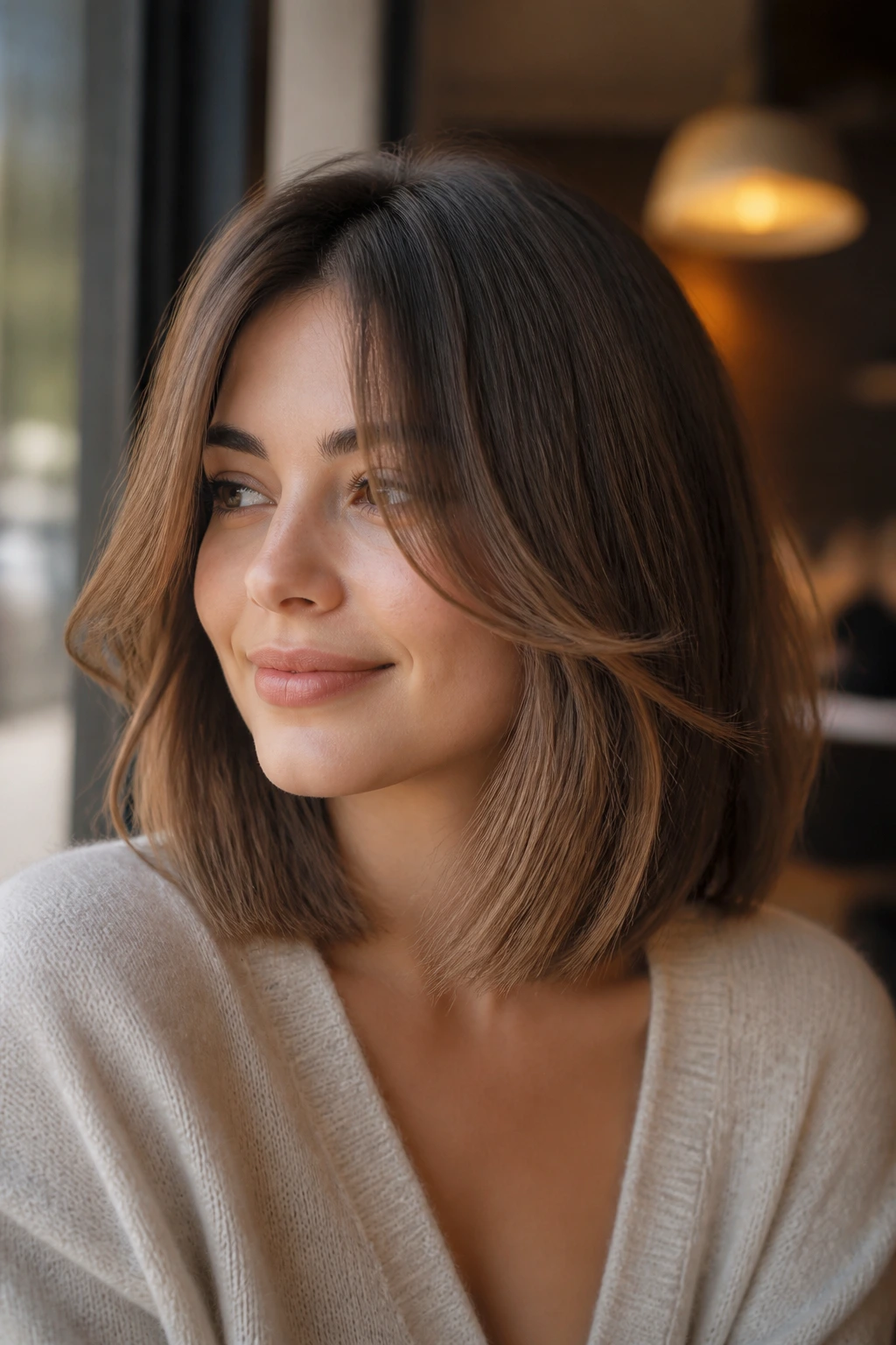 Close-up portrait of a real woman with curtain bangs and collarbone-length lob