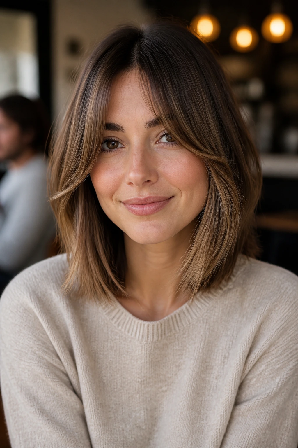 Curtain-bang lob with airy bangs on a real person