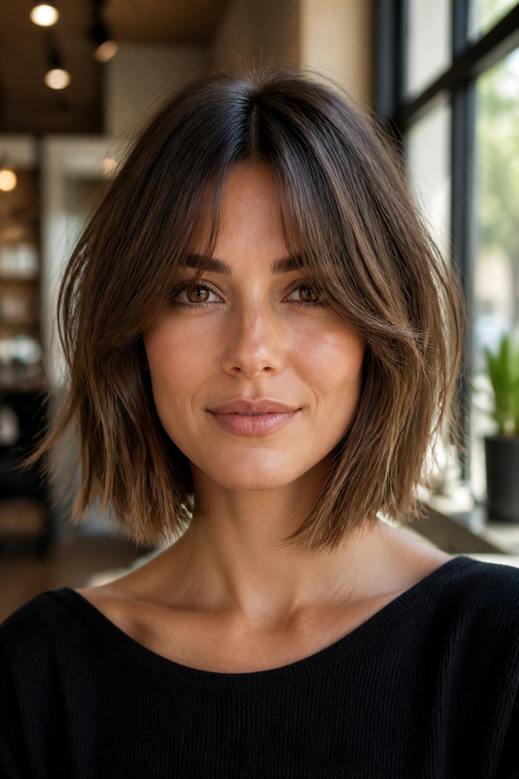 Portrait of a real woman with curtain bangs integrated into a lob