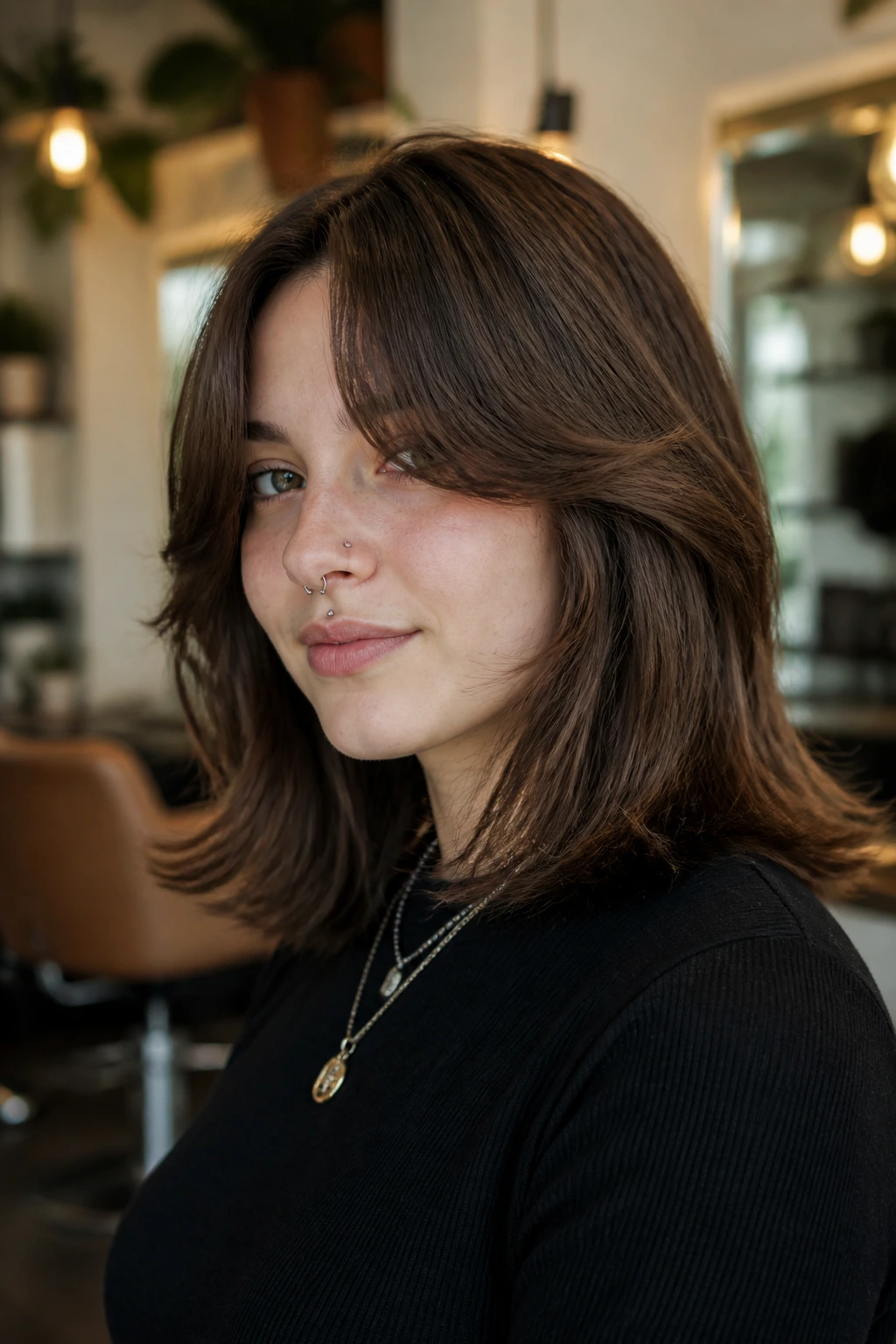 Portrait of a real person with curtain-bang lob and internal layers in a salon