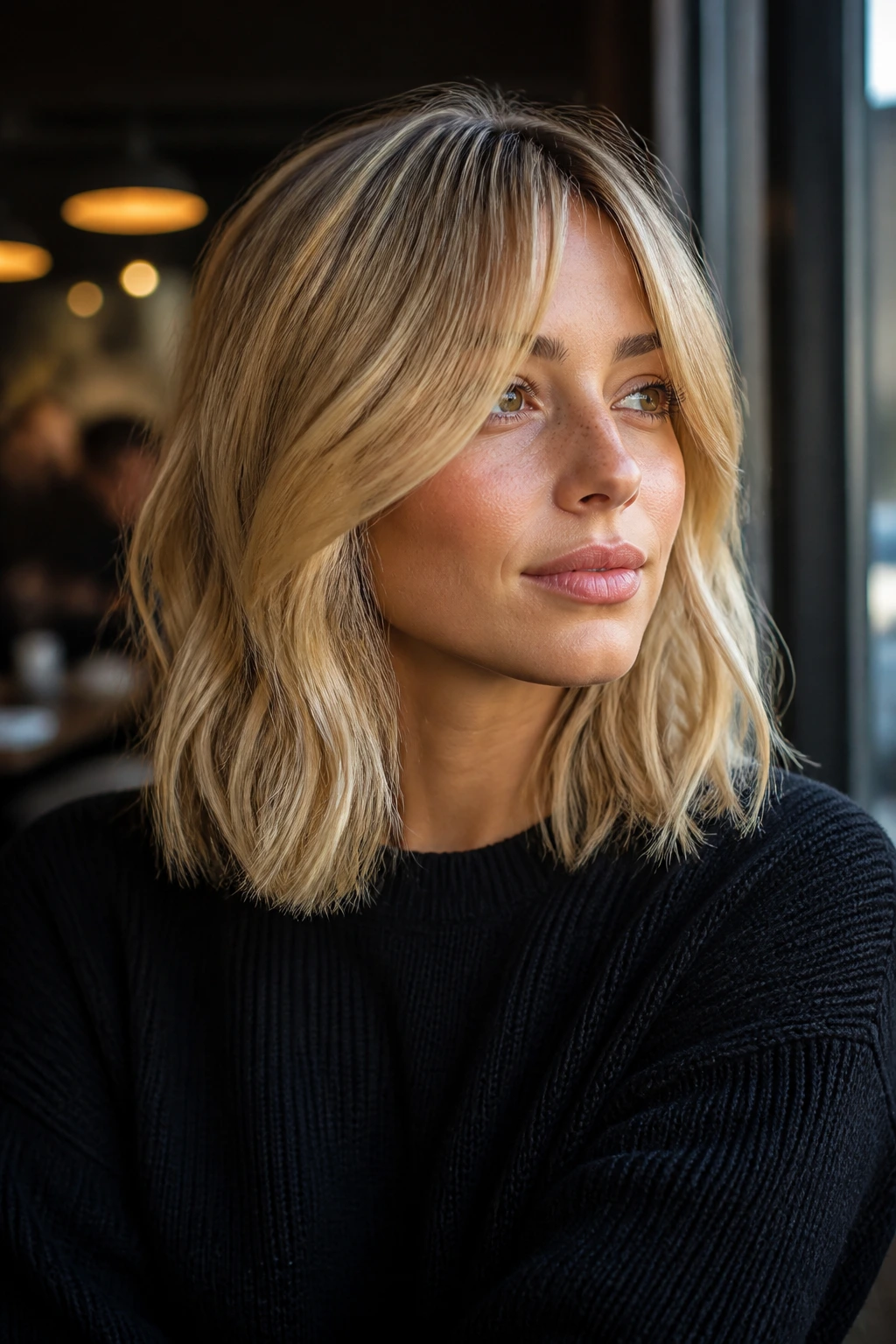 Close-up of curtain bang lob with loose waves on a real woman.