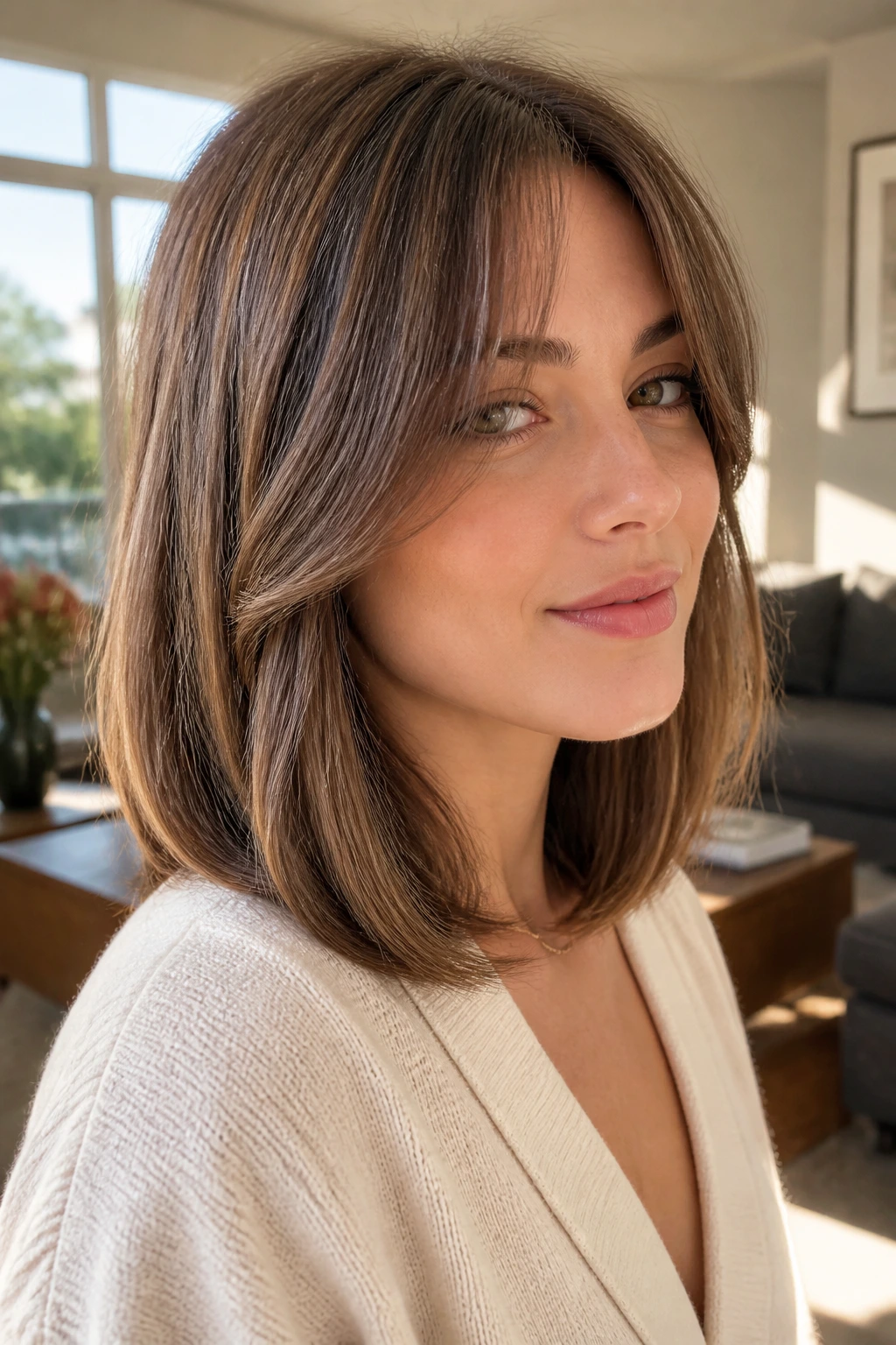 Close-up portrait of a real person with curtain bangs and soft layers in a long bob, warm window light