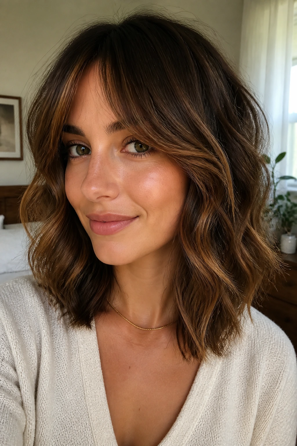 Real woman with curtain-bang lob in a cozy bedroom with window light.