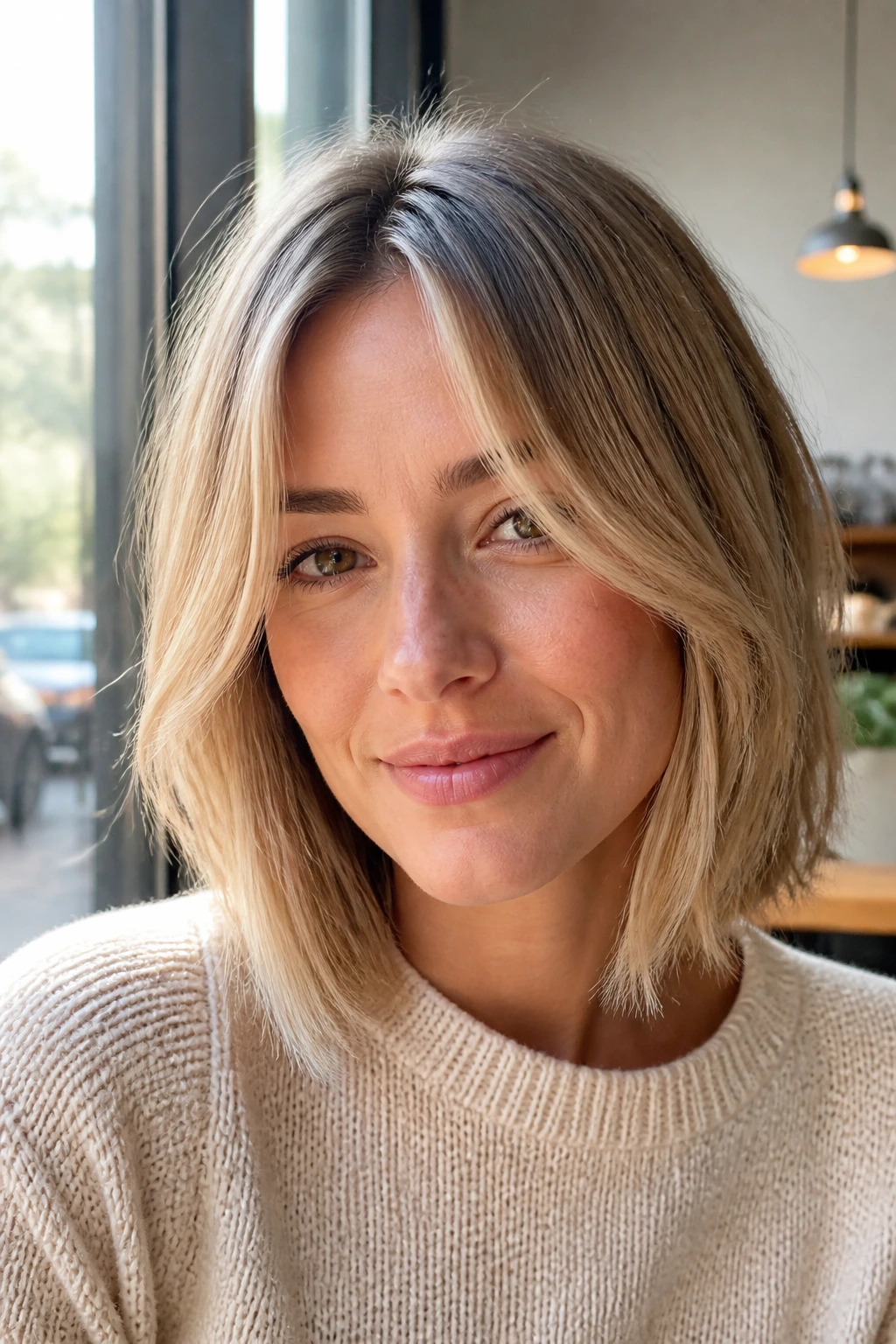 Real woman with curtain-bang lob in bright cafe light