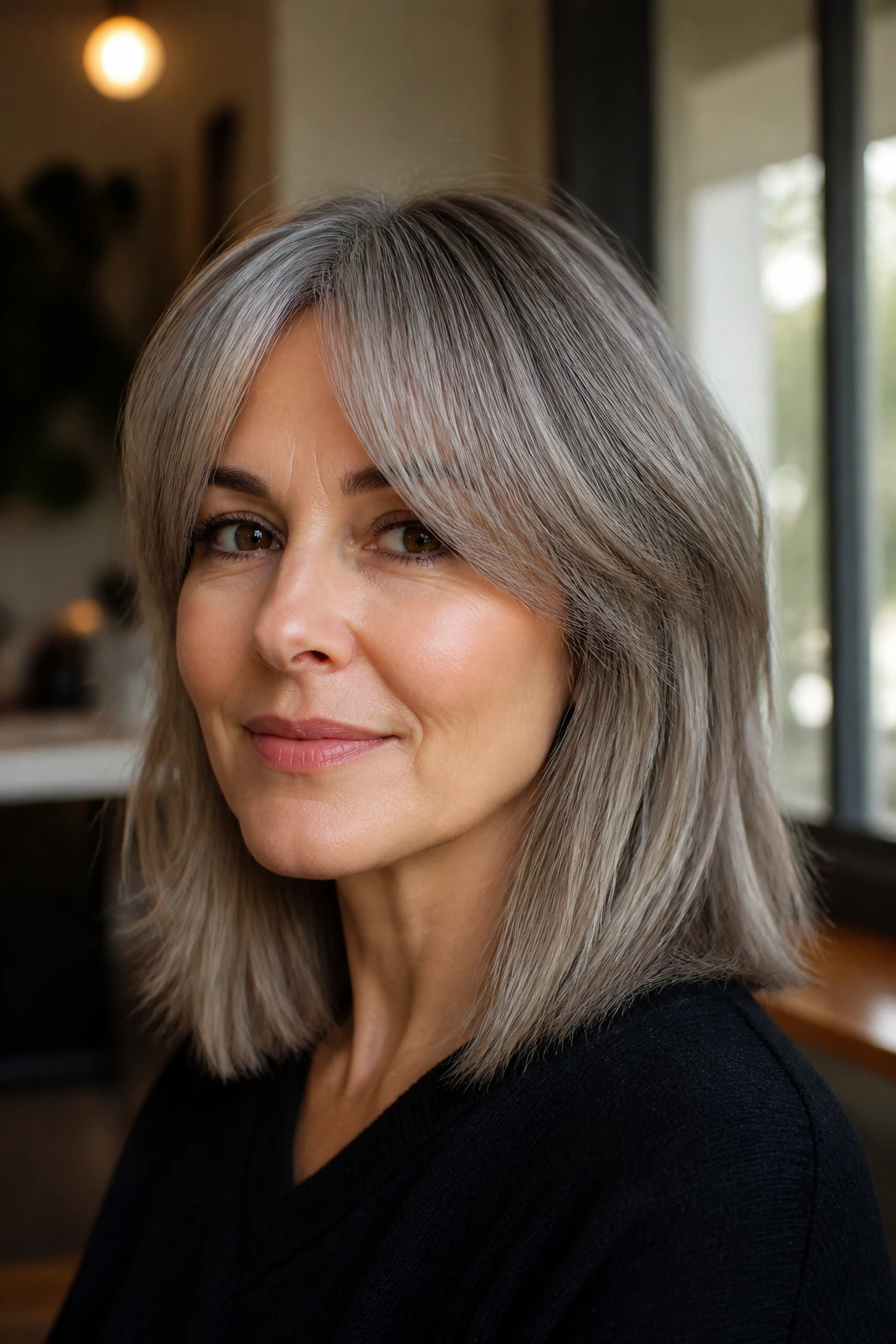 Close-up of a real woman with curtain bang lob and smoke beige toner