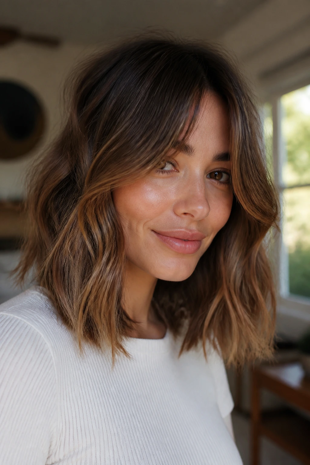 Close-up of a woman with curtain bangs and a shoulder-length lob in a sunlit room