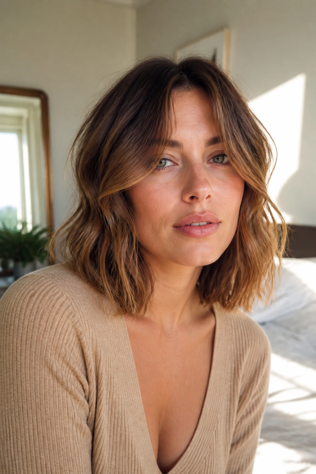 Portrait of a real woman with curtain bangs and collarbone-length lob