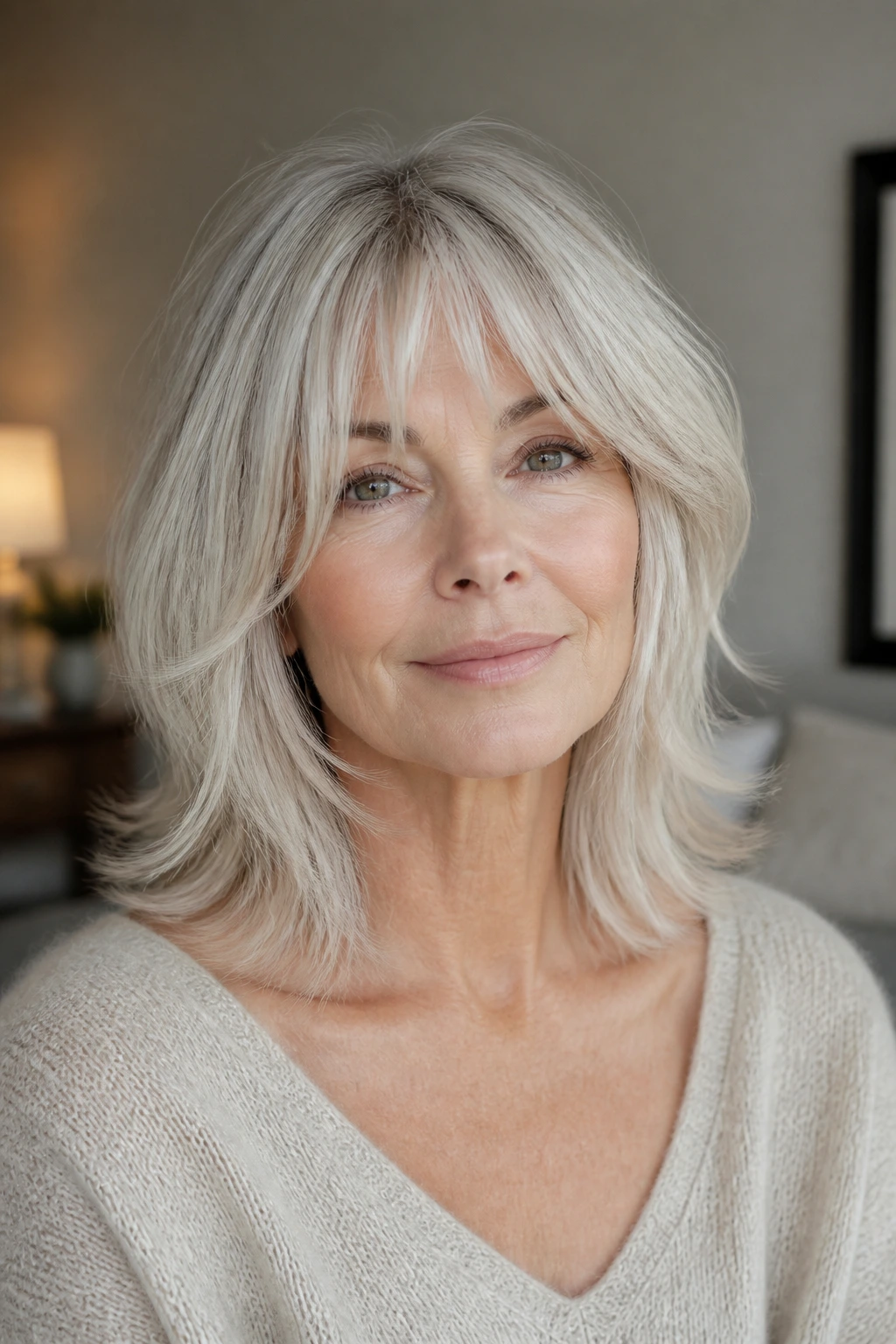 Close-up portrait of a real woman with curtain bang shag and babylights.