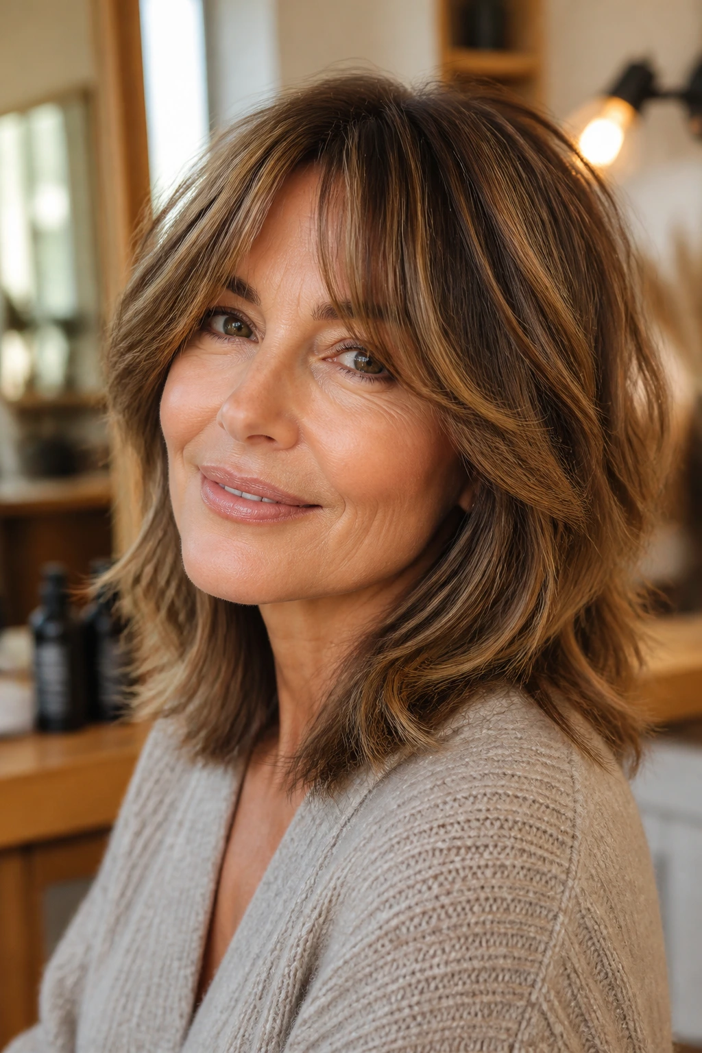 Close-up of a real woman with curtain bangs and shag layers in natural light