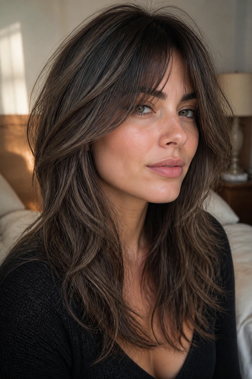 Portrait of woman with curtain bangs and shag layers in morning light
