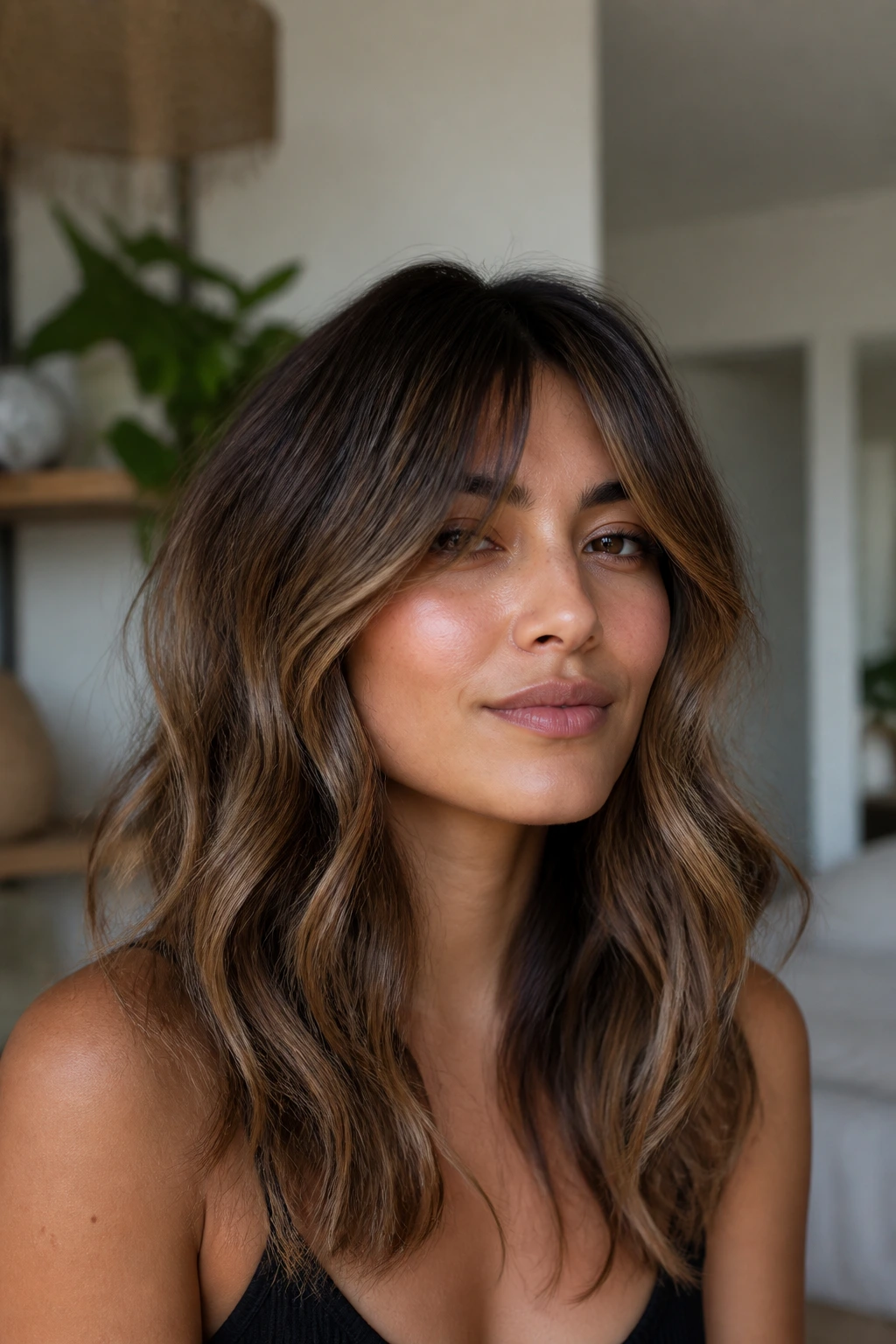 Close-up of curtain bang shag with bronde balayage on olive skin.