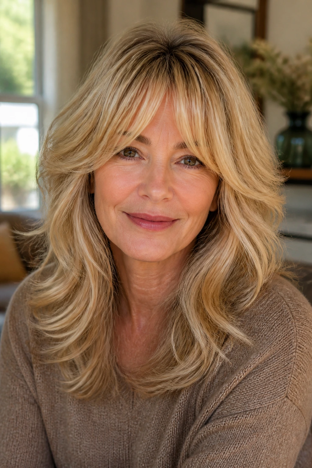Close-up of curtain-bang shag with buttery blonde highlights on real woman