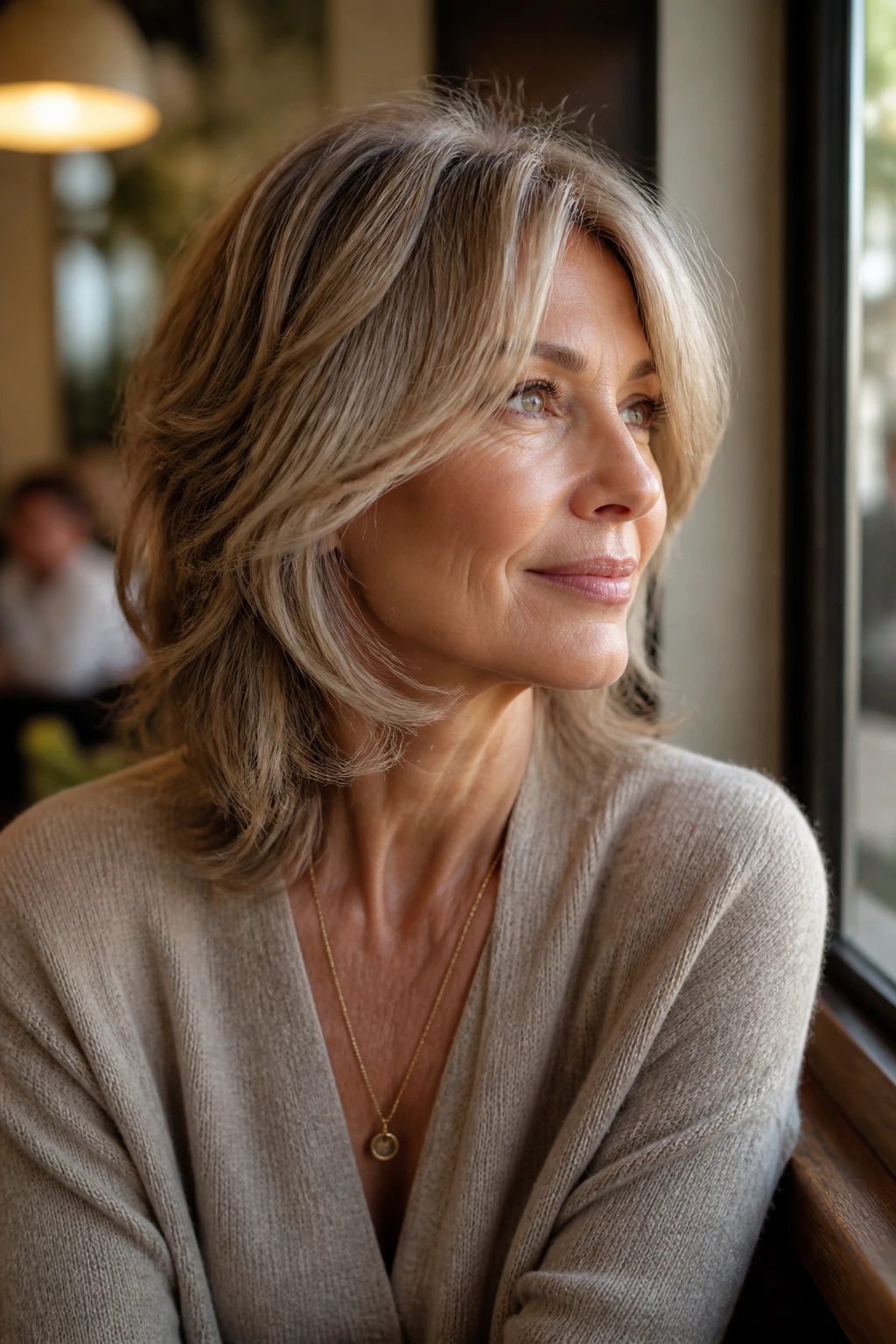 Close-up of a real woman with curtain bangs opening at the cheekbones