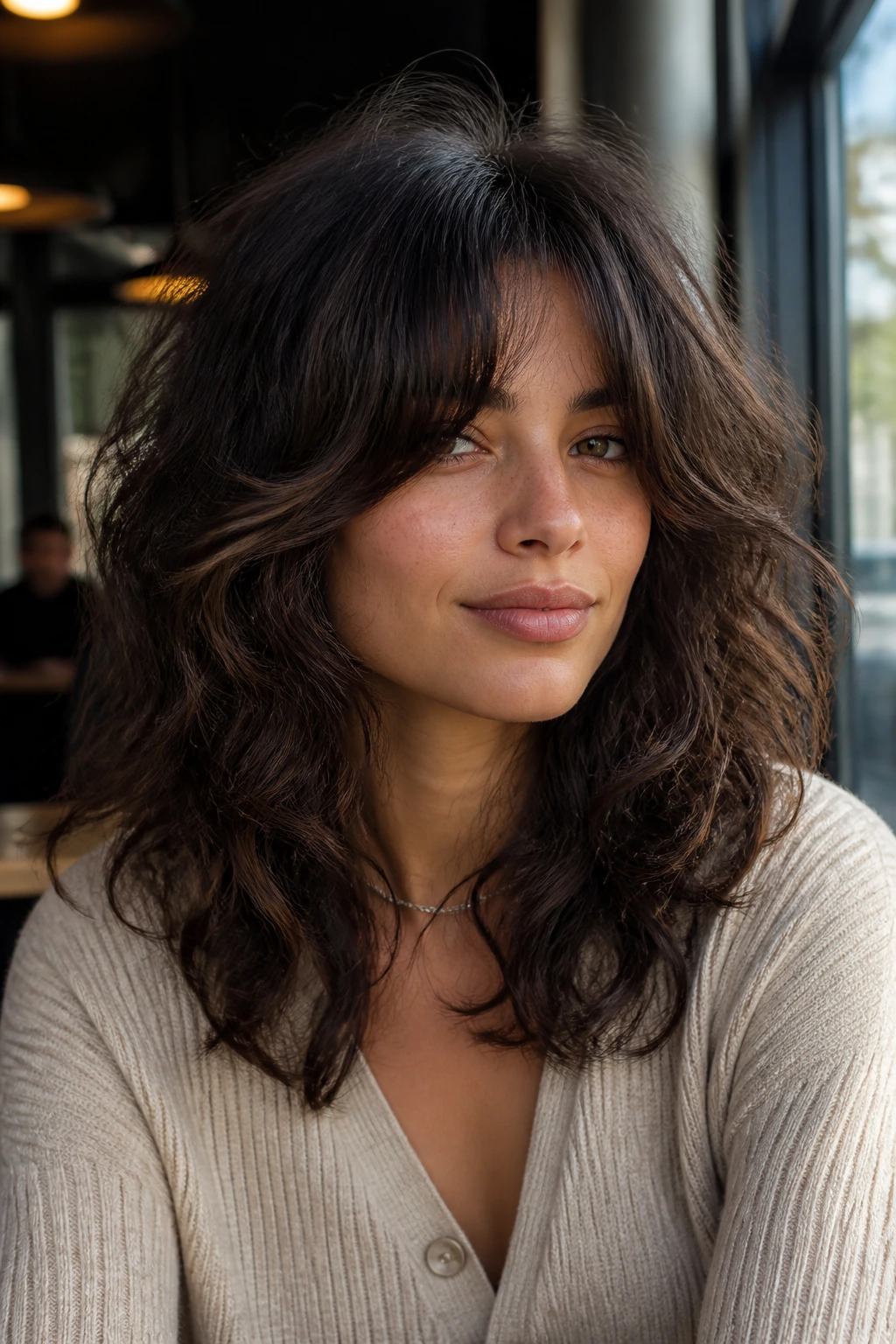 Curtain bangs with curly shag on a real woman