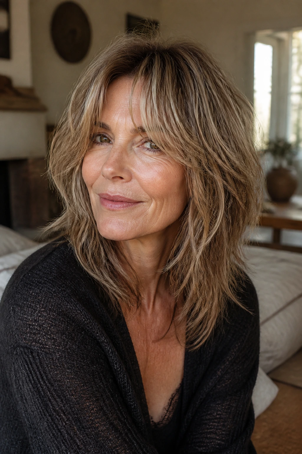 Close-up portrait of a woman with curtain-bang shag showing soft fringe and broken layers