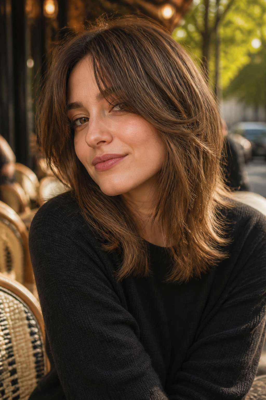 Portrait of real woman with long curtain bangs and collarbone length shag