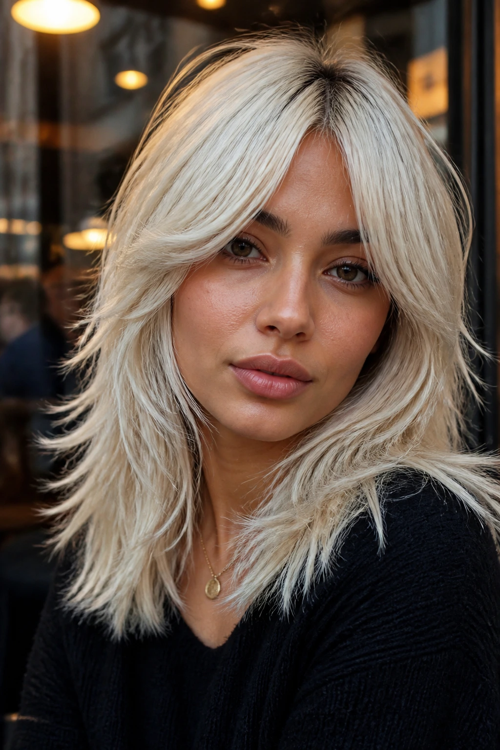 Portrait of a person with curtain-bang shag platinum on olive skin