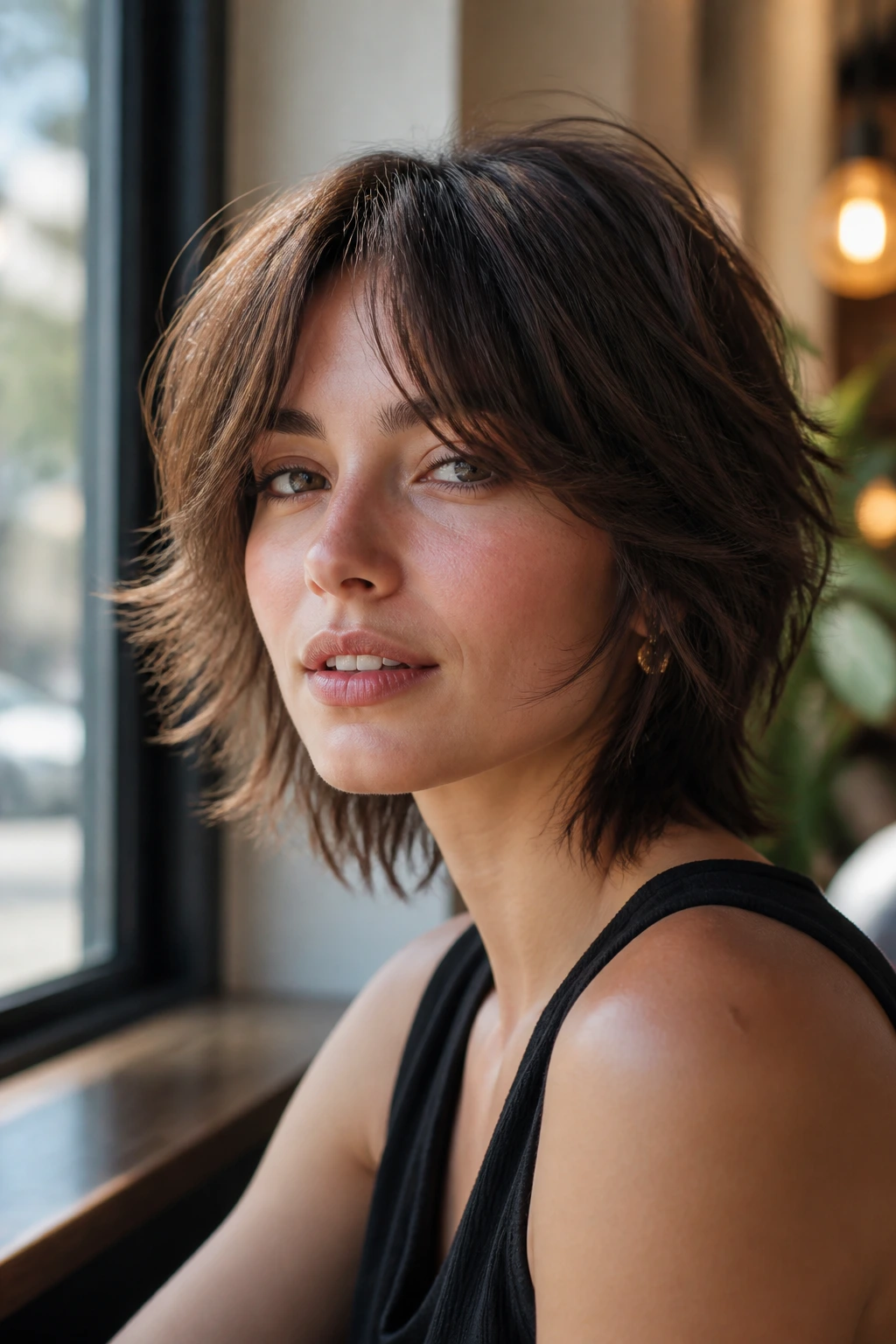 Close-up of a real woman with curtain-bang shag hairstyle in cafe light.