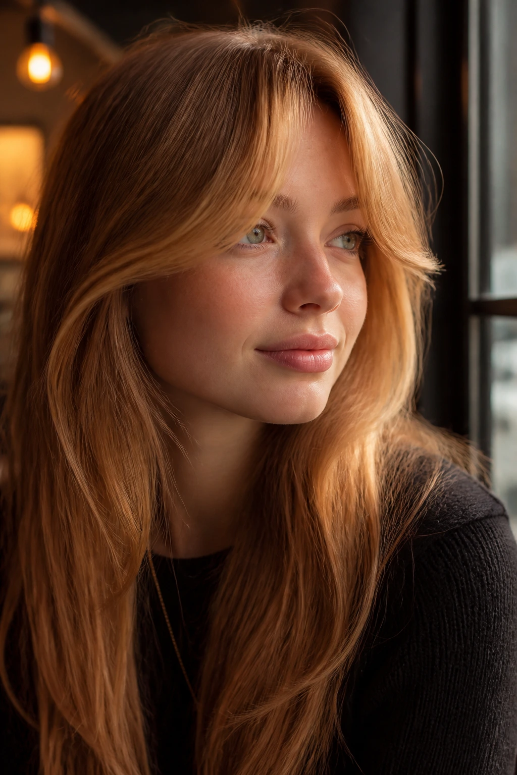 Close-up of a real woman with curtain bangs in strawberry blonde framing the face.