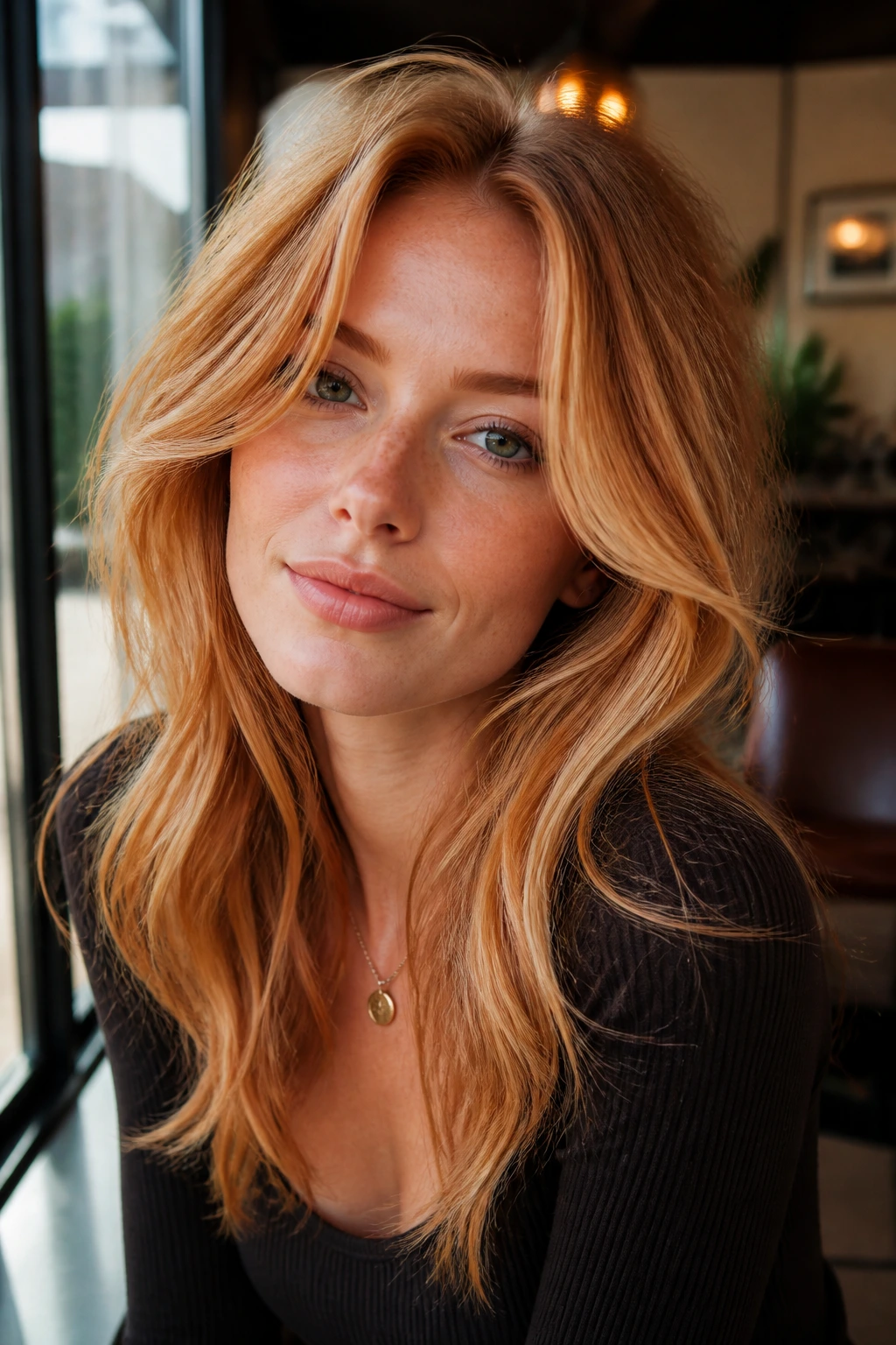 Close-up of real person with curtain-bang strawberry blonde hairstyle