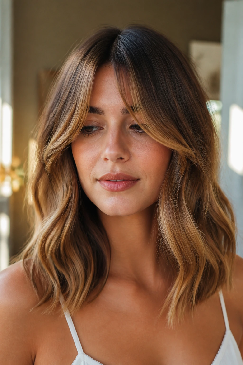 Close-up of a woman with curtain bangs and soft waves