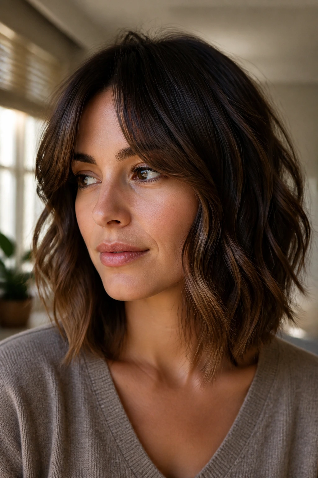 Close-up of a real woman with curtain bangs and wavy lob