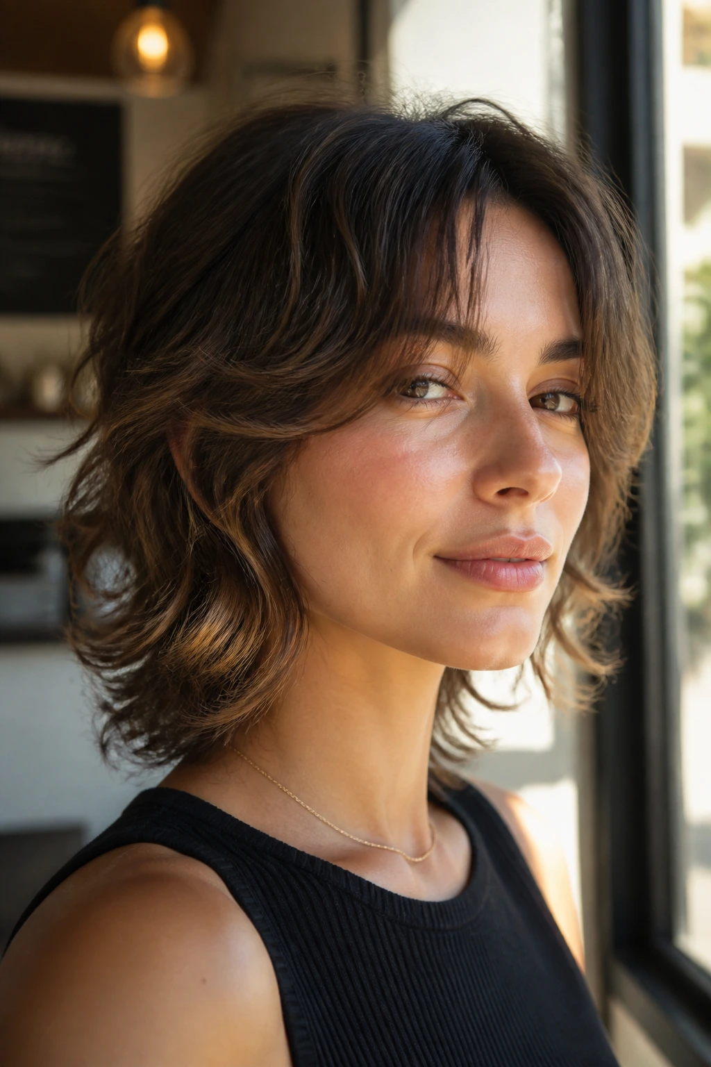 Close-up portrait of a real woman with Soft Curtain-Bang Wolfcut in a cozy cafe setting