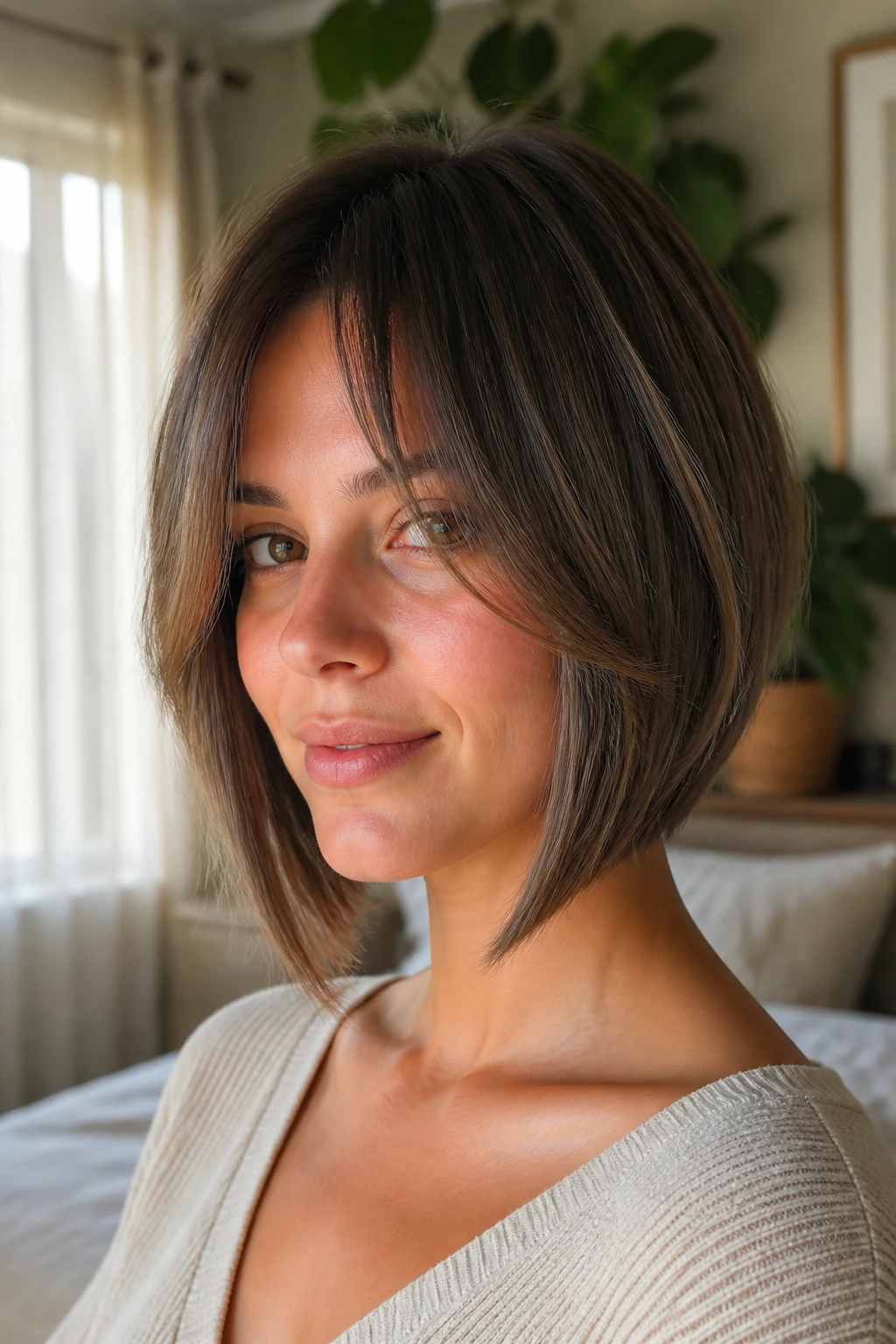 Close-up portrait of a real woman with an A-line bob and long curtain bangs