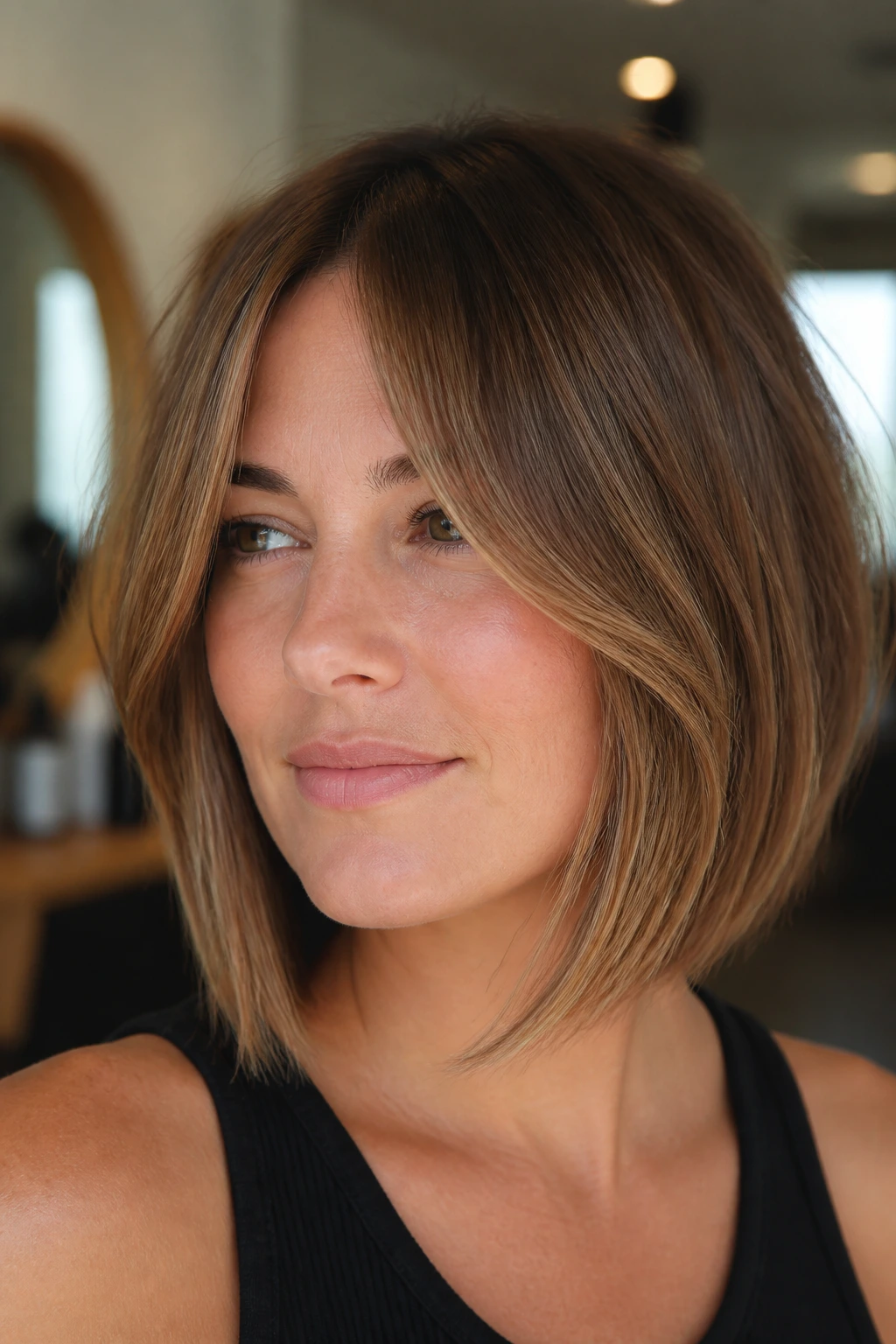 Portrait of a real woman with curtain bangs blending into an front-facing A-line bob, cheekbone grazing bangs.