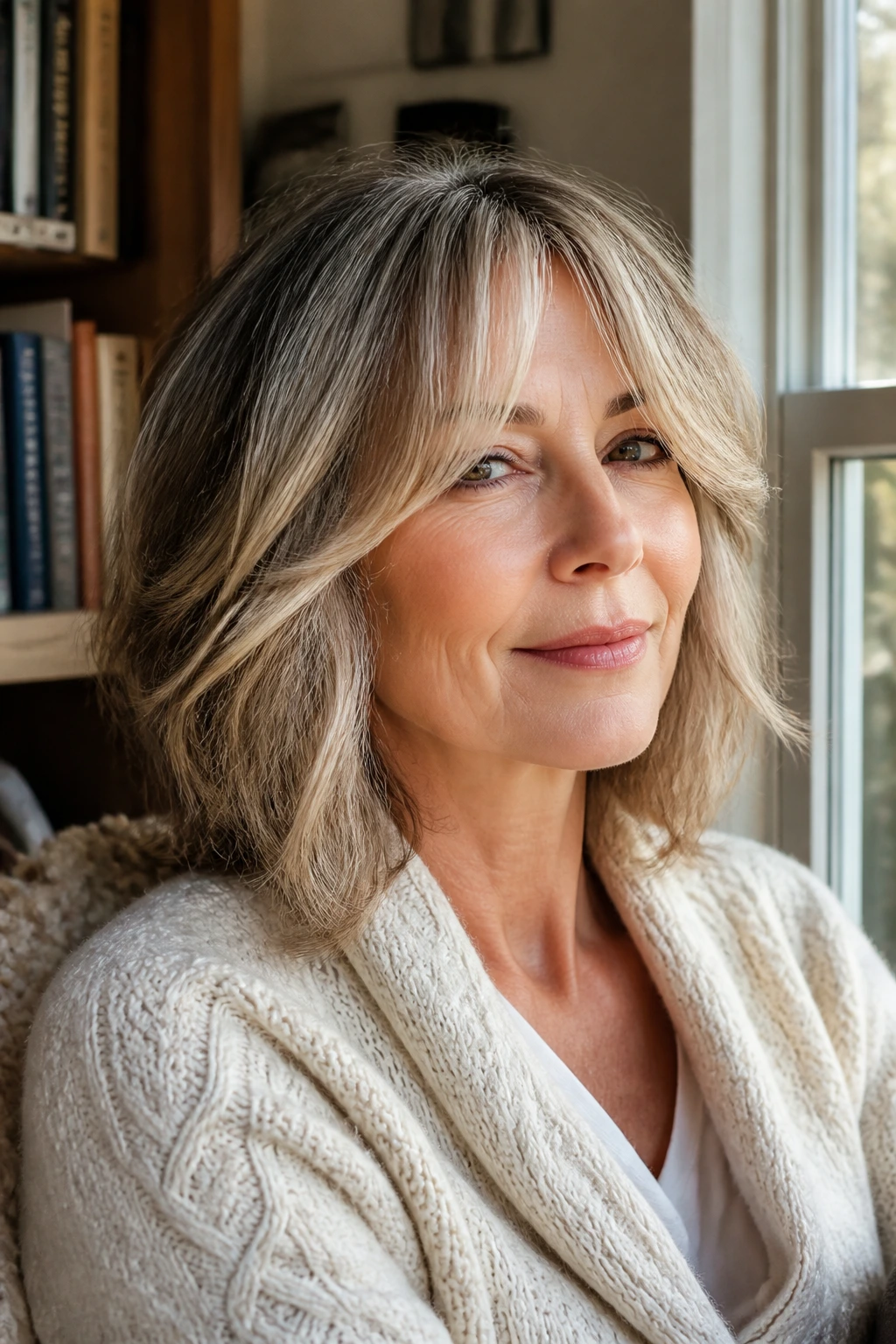 Portrait of a woman with curtain bangs emphasizing face-framing after 50.