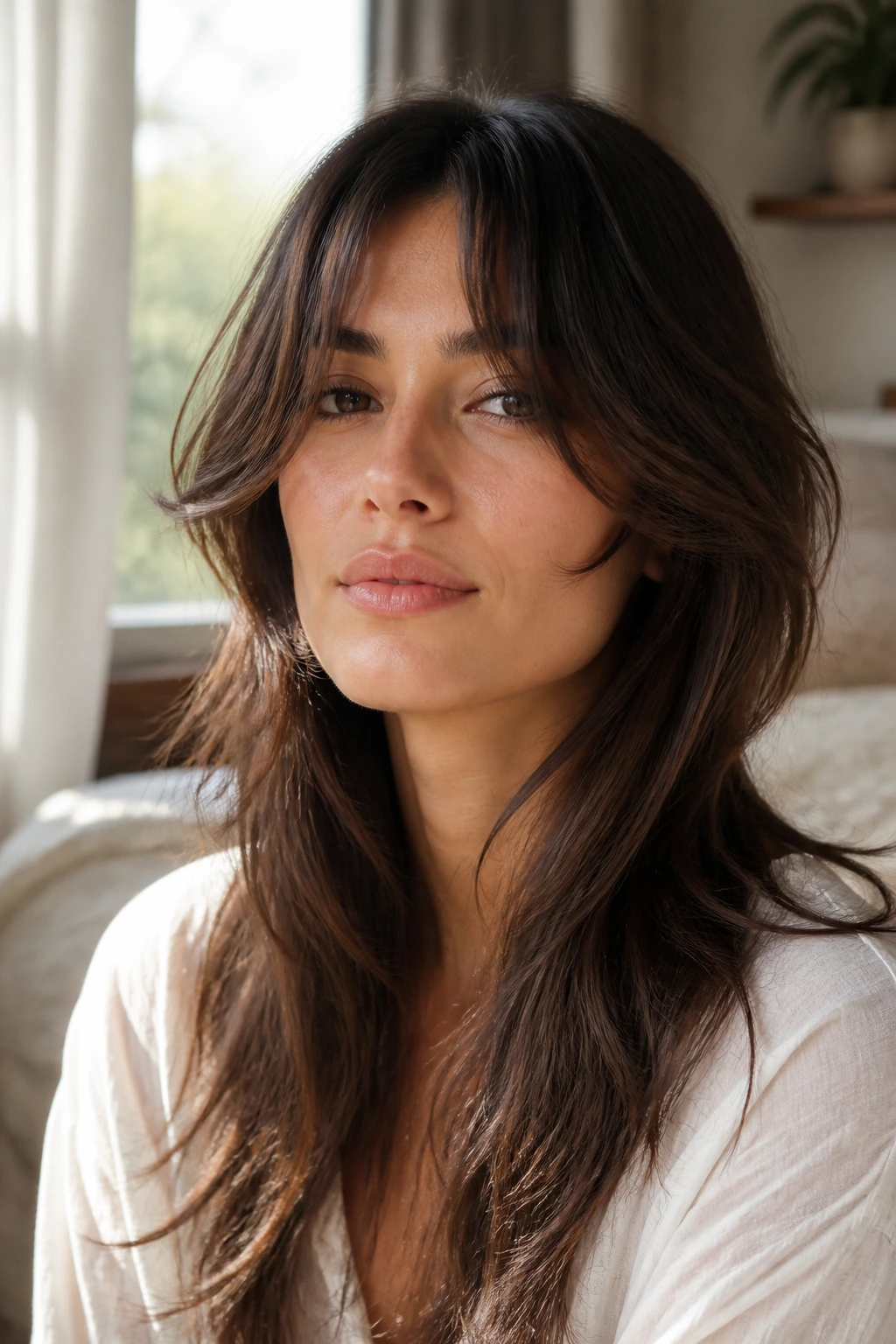 Close-up portrait of a real woman with airy curtain bangs grazing the cheekbones, soft light