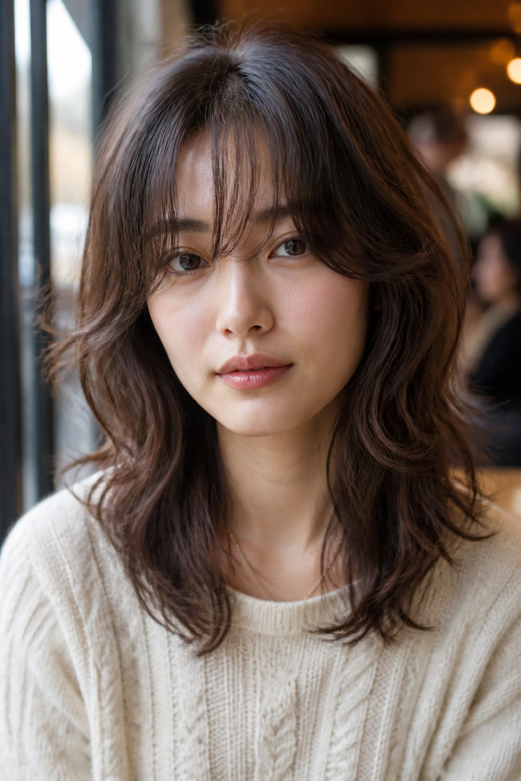 Real person with curtain bangs and airy layers on curly hair