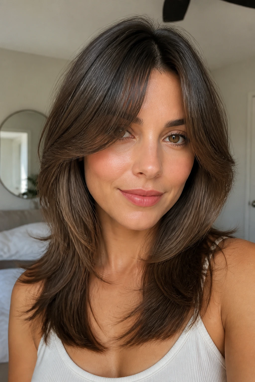 Portrait of a woman with curtain bangs and airy layers framing her face