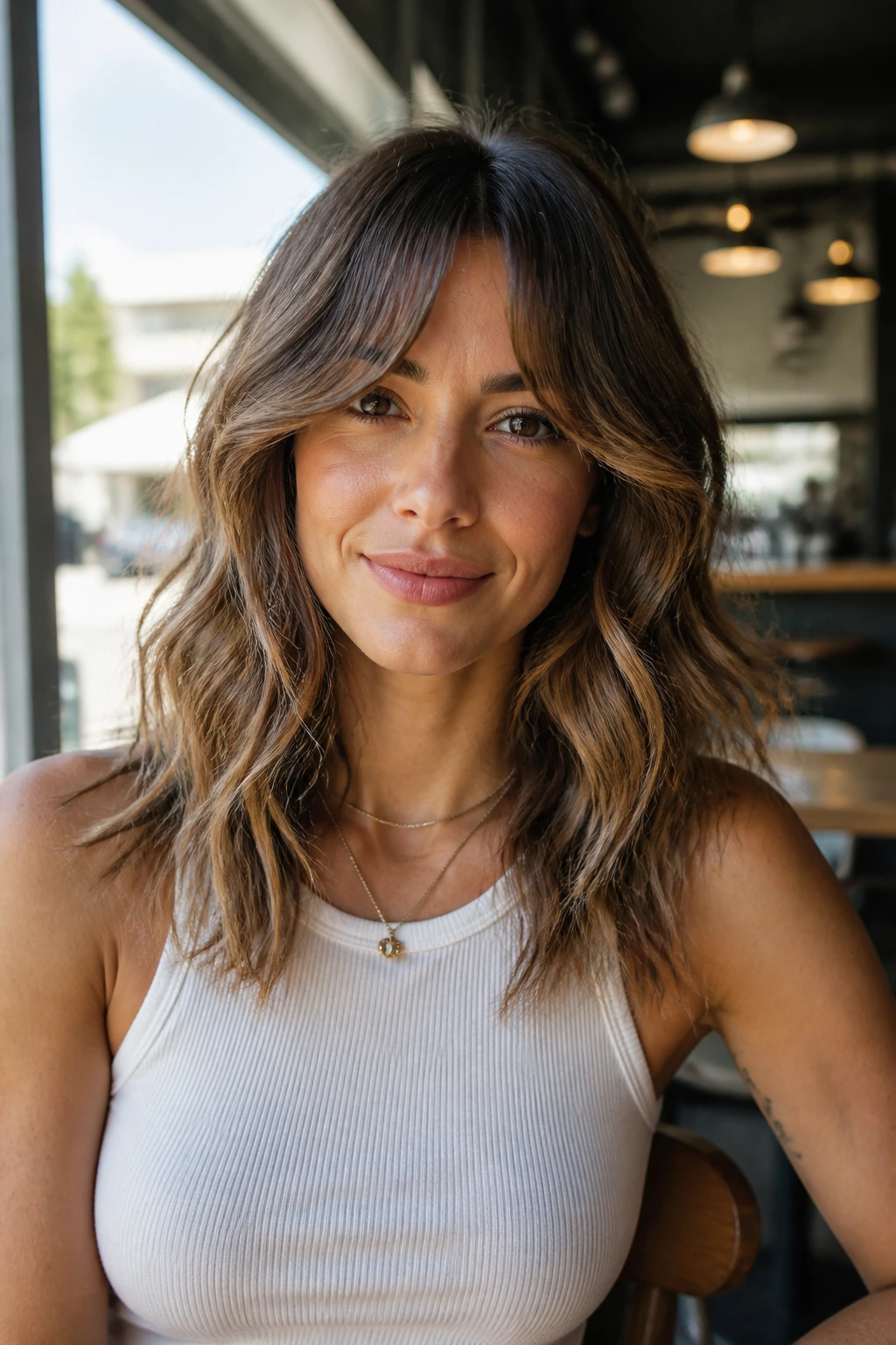 Portrait of a person with curtain bangs and airy beach waves