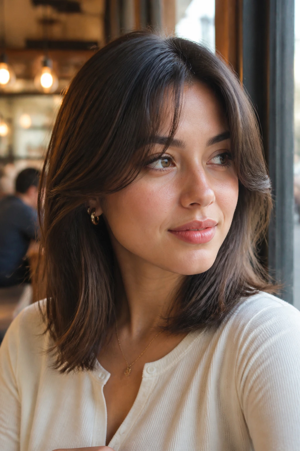 Close-up of a real woman with curtain bangs angled to frame cheeks in daylight
