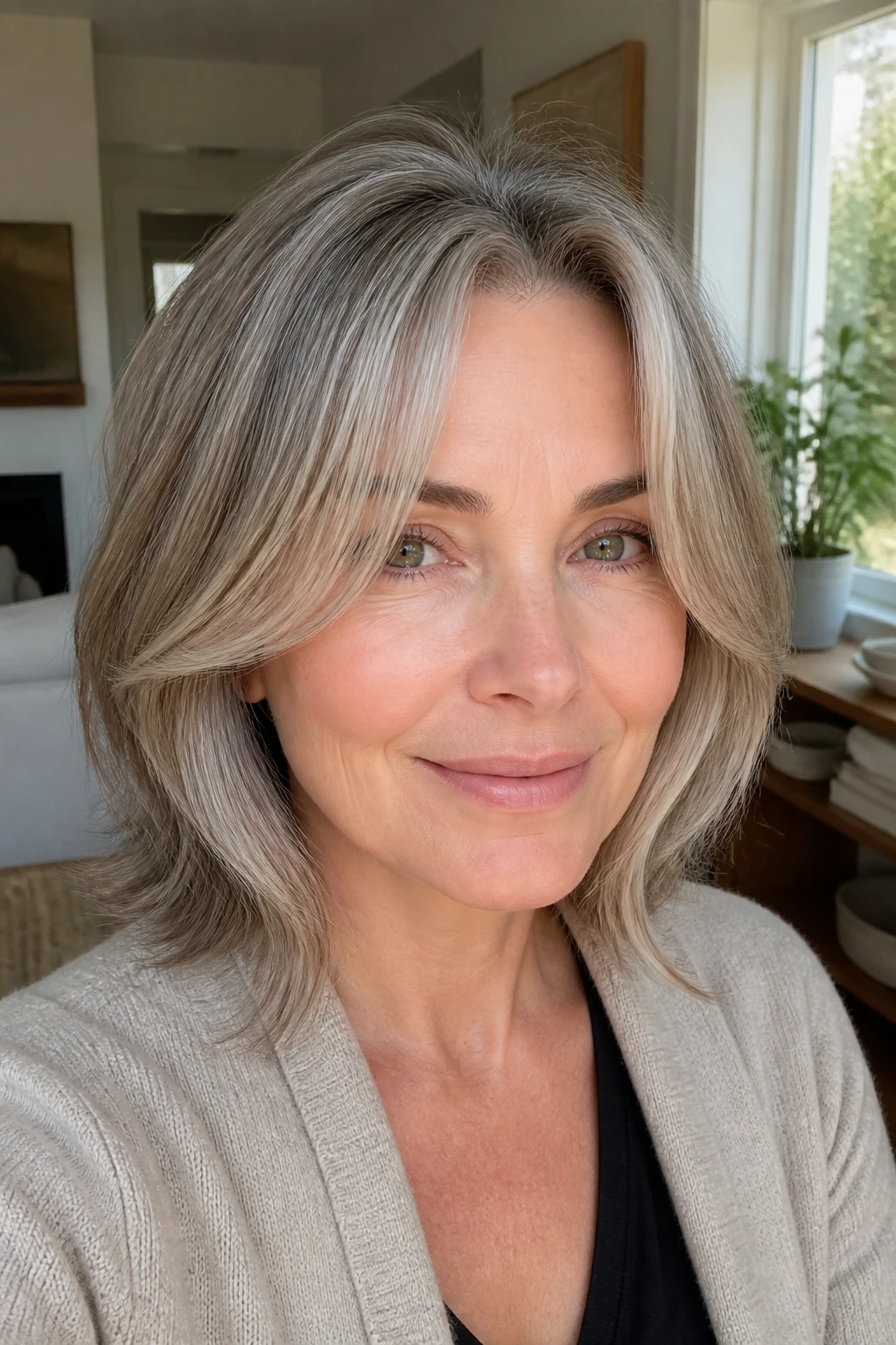 Close-up portrait of curtain-bang lob with ash beige lowlights