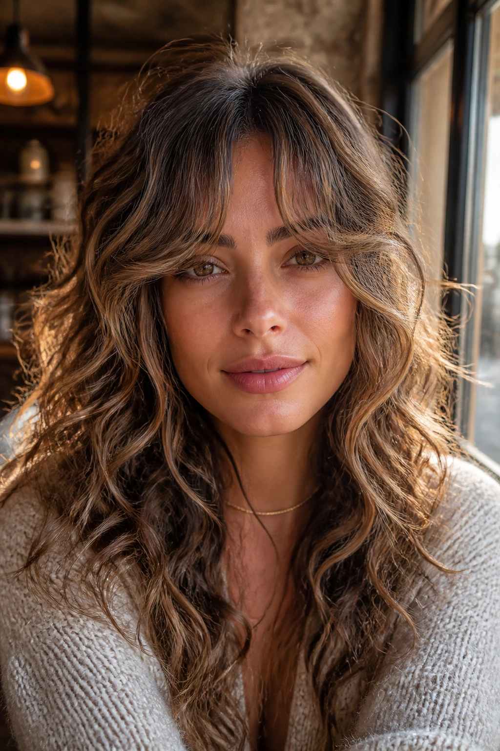 Close-up of a real woman with curtain bangs and layered babylights.