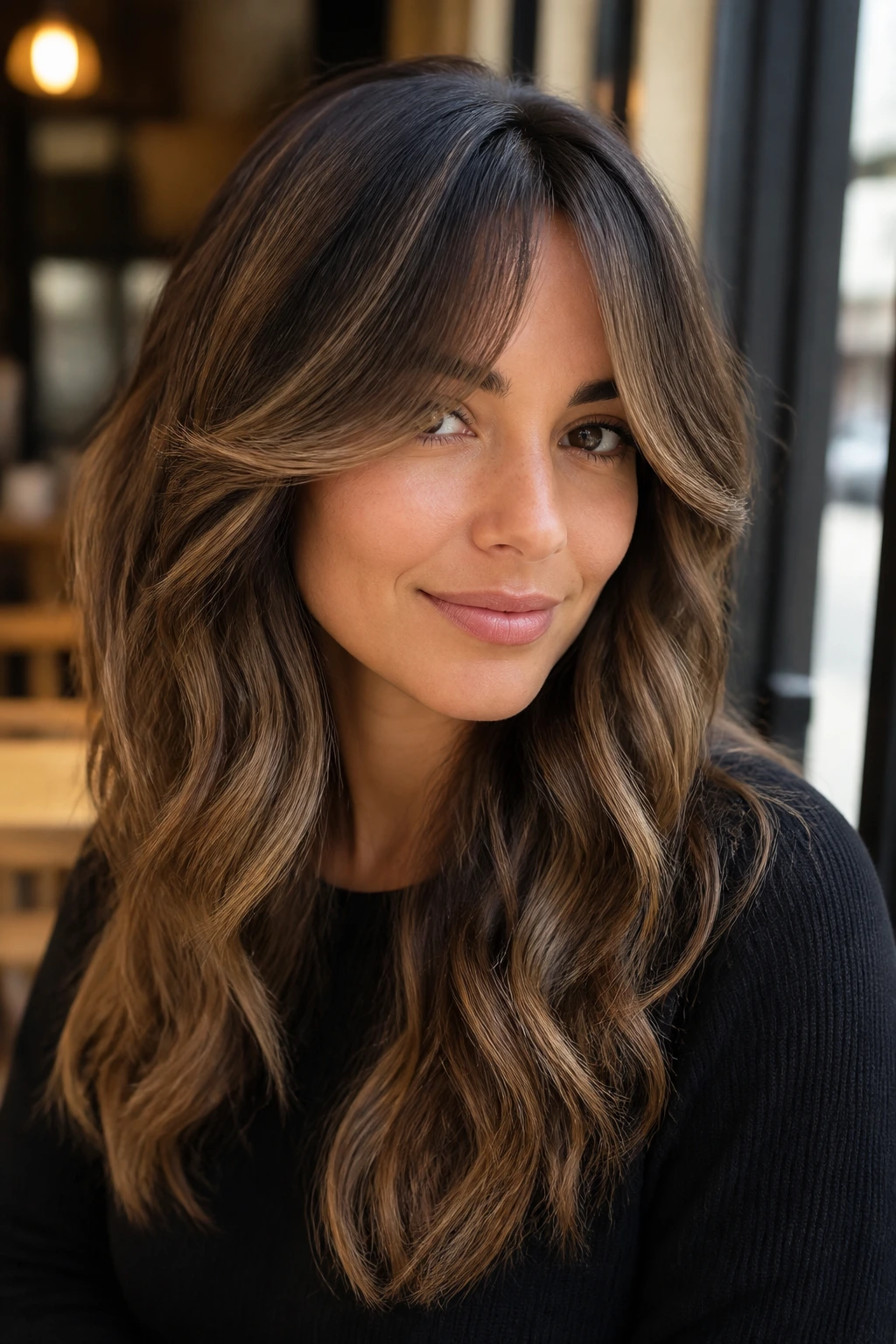 Portrait of a woman with curtain bangs and feathered babylights